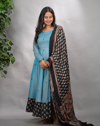 Sky Blue Ajrakh Patch Work Narayanpet Cotton Anarkali Dress with Ajrakh Modal Silk Dupatta | Looms & Tassels