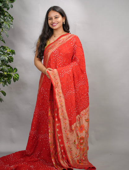 Red Handcrafted  Pattern Bandhani Paithani Dola Silk Saree | Looms & Tassels