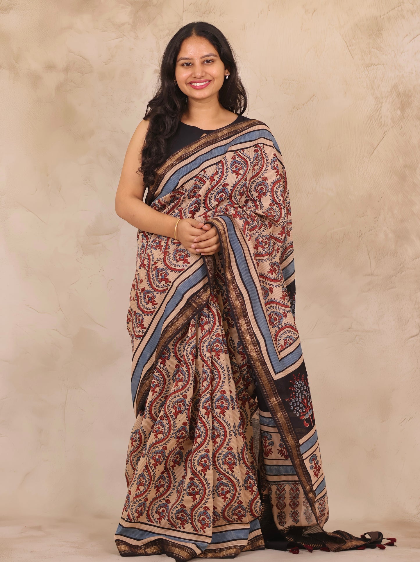 Maheswari Silk Cotton Ajrakh Handblock Printed Saree | Looms & Tassels