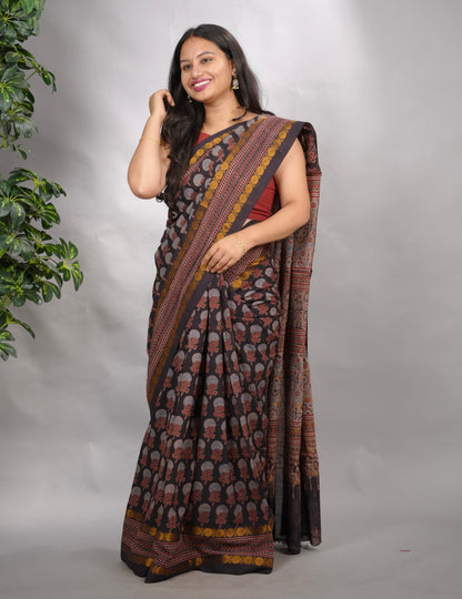 Black Ajrakh Hand Block Printed Sungudi Cotton Saree | Looms & Tassels