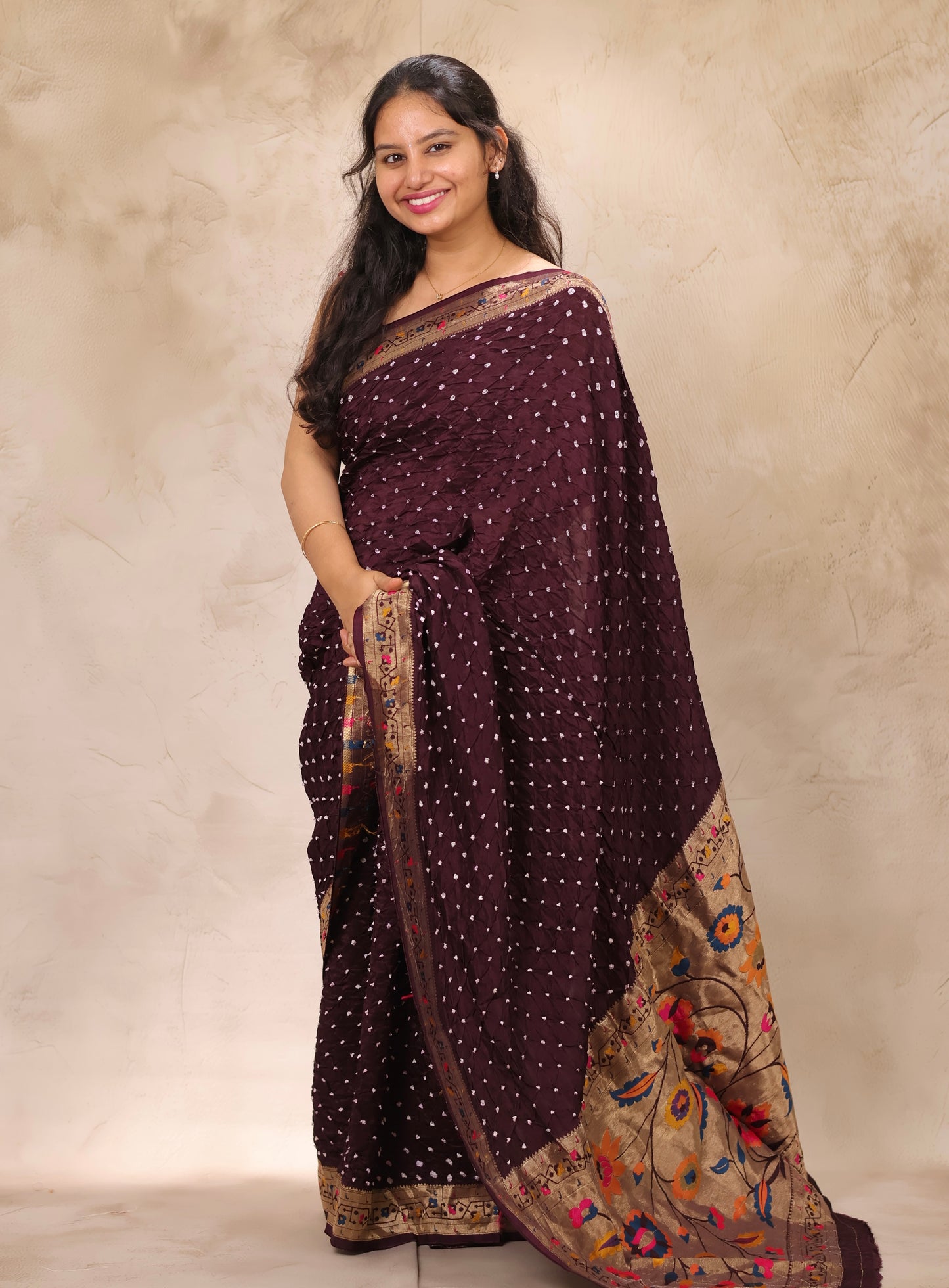 Deep purple Handcrafted Bandhani Paithani Dola Silk Saree | Looms & Tassels