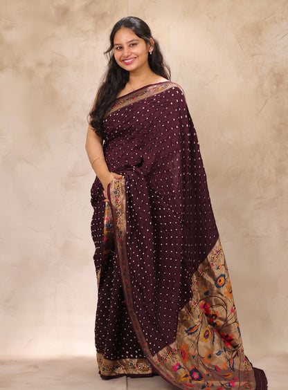 Deep purple Handcrafted Bandhani Paithani Dola Silk Saree | Looms & Tassels