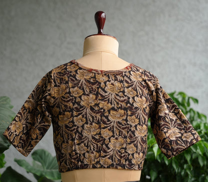 Brown Boat Neck Stretchable Hand block printed kalamkari blouse