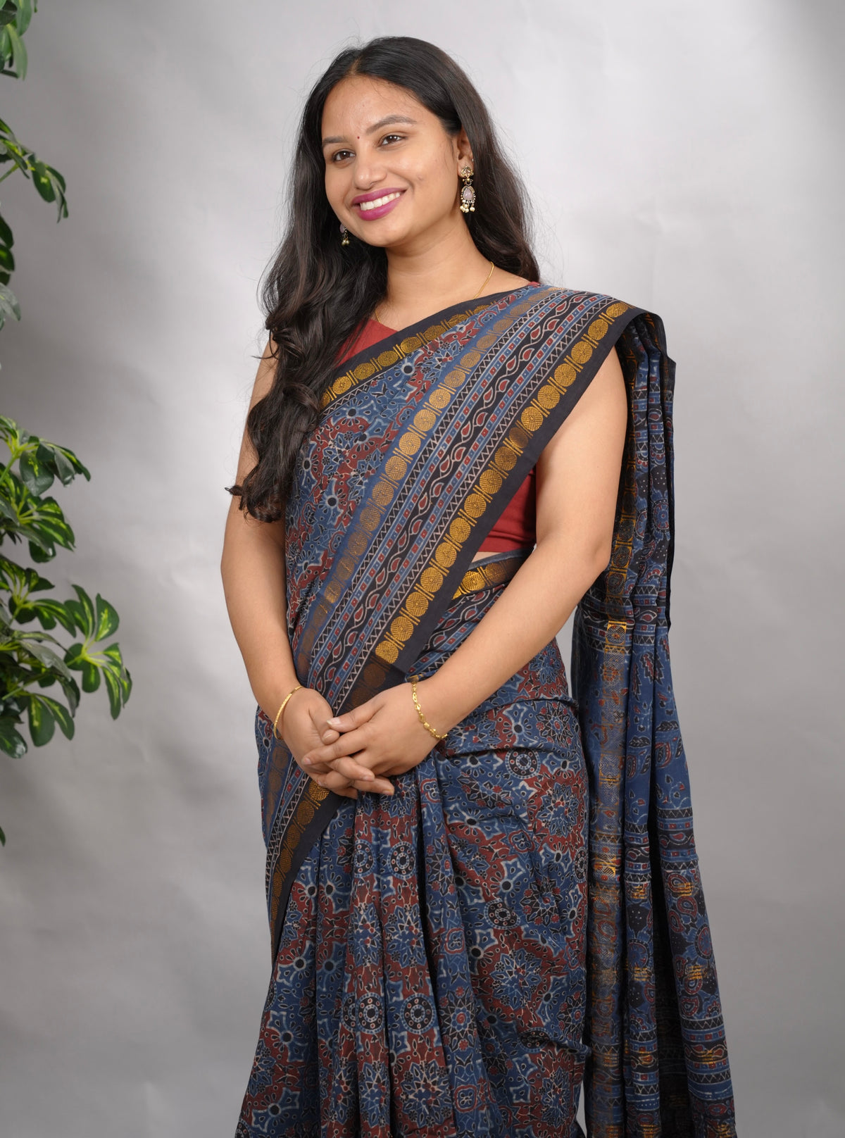 Indigo Ajrakh Hand Block Printed Sungudi Cotton Saree | Looms & Tassels