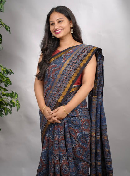 Indigo Ajrakh Hand Block Printed Sungudi Cotton Saree | Looms & Tassels