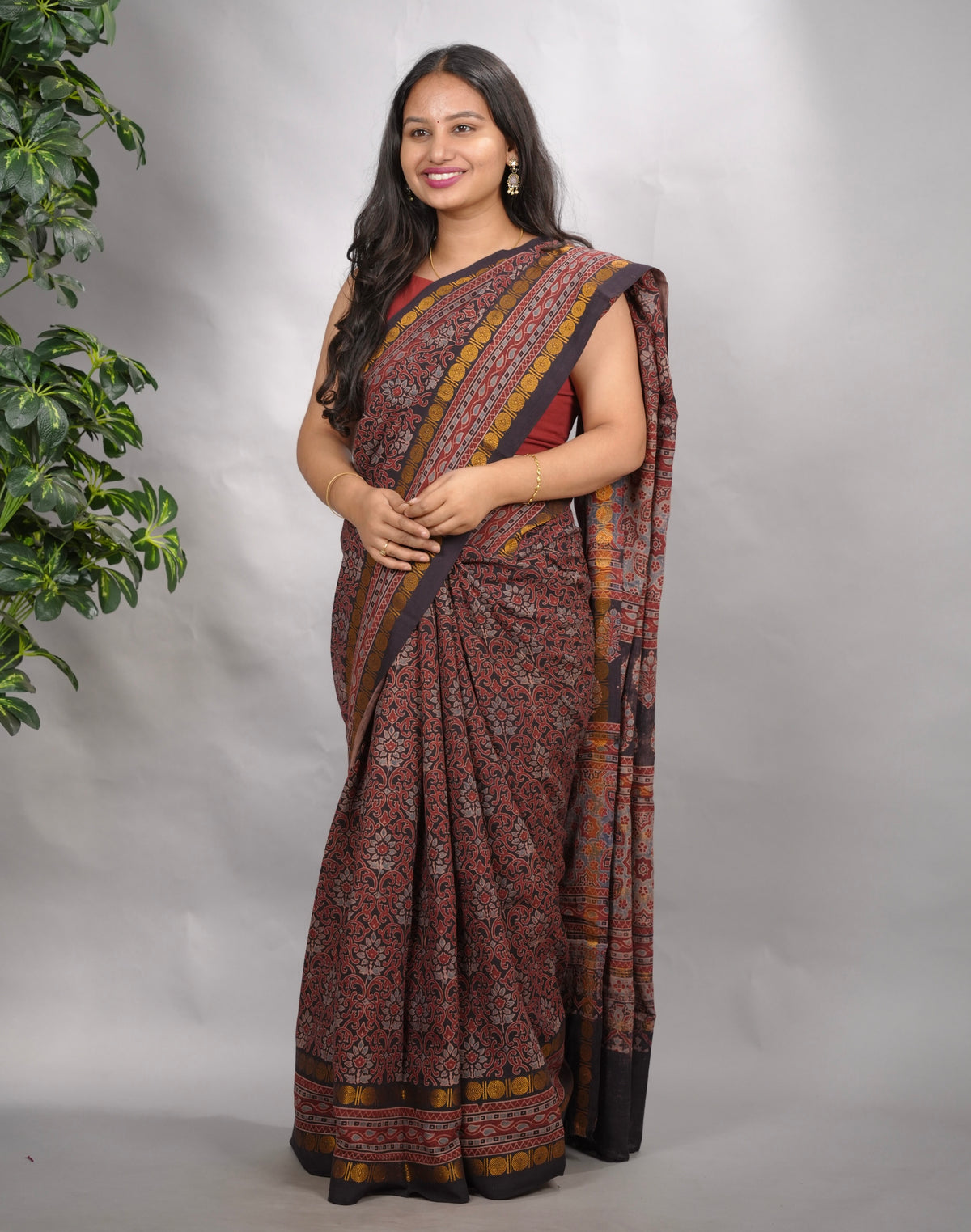 Black & Maroon Ajrakh Hand Block Printed Sungudi Cotton Saree | Looms & Tassels