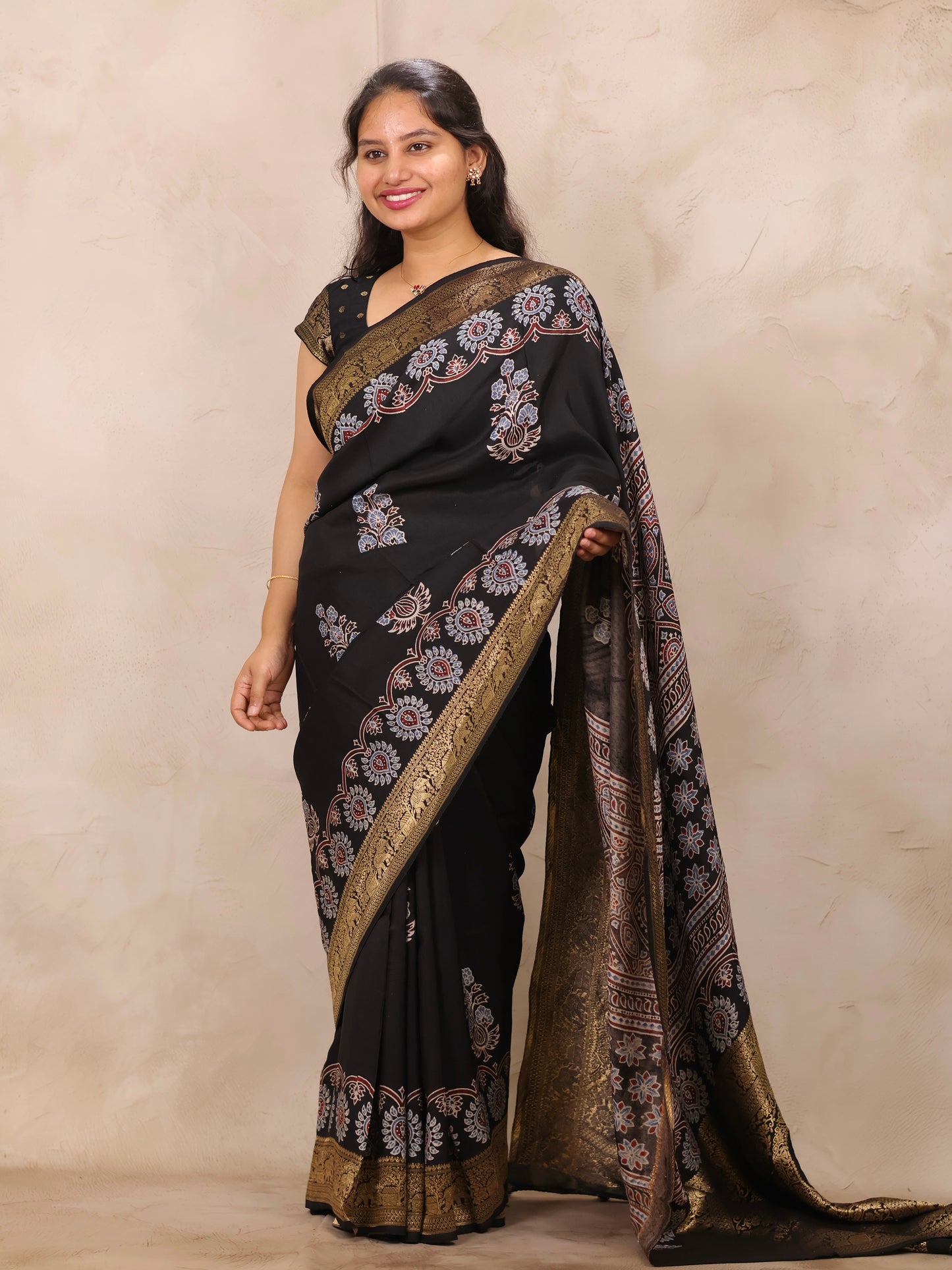 Black Ajrakh Handblock printed Dola Silk Saree | Looms & Tassels
