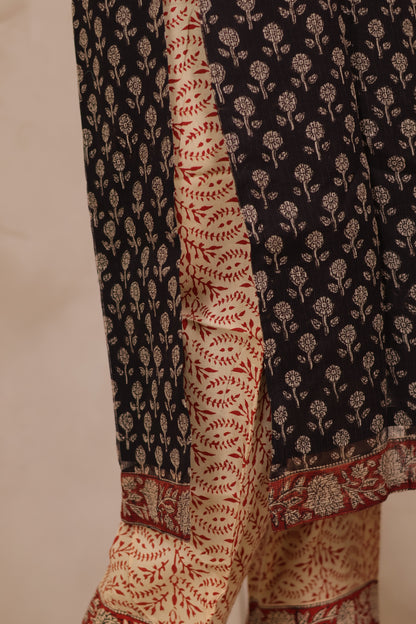 Black Handblock printed kota 3 piece suit (stitched)