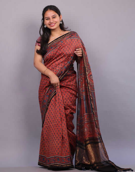 Rust Orange Small Flower Motifs Ajrakh Handblock printed Chanderi Silk Saree | Looms & Tassels