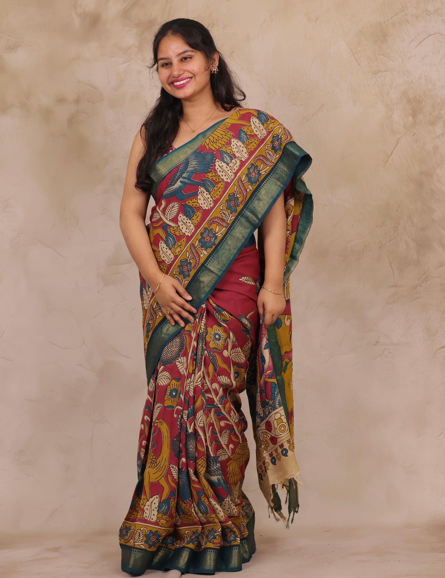 Magenta Floral Kalamkari Nizam Border Chennur Silk Saree | Looms & Tassels