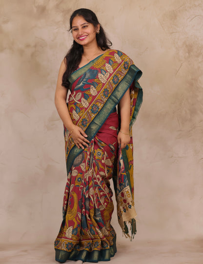 Magenta Floral Kalamkari Nizam Border Chennur Silk Saree | Looms & Tassels