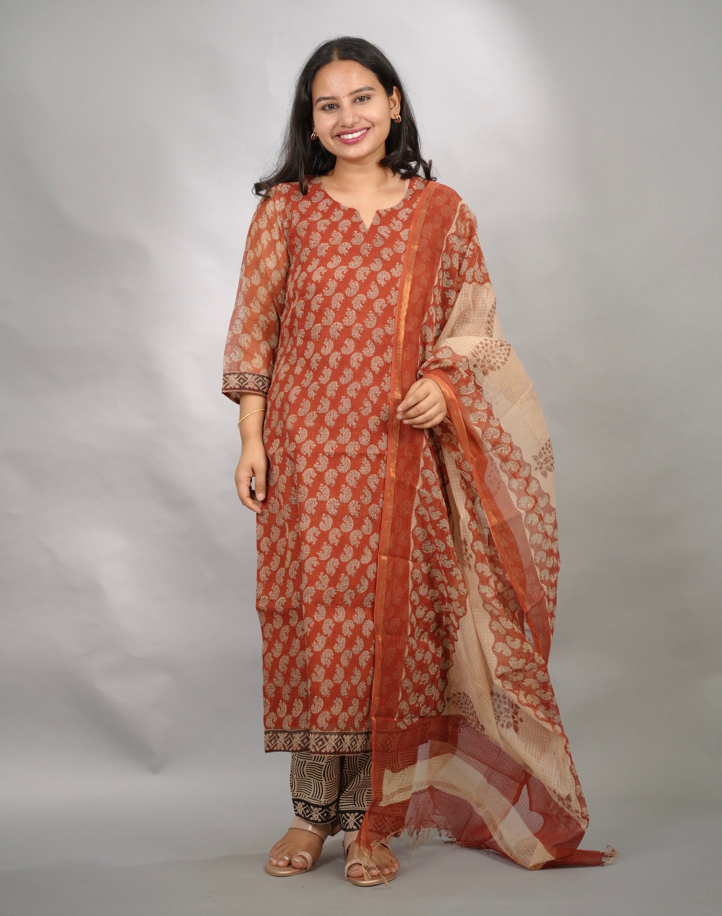 Maroon Handblock printed kota 3 piece suit (stitched)