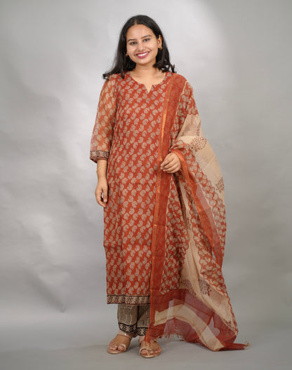 Maroon Handblock printed kota 3 piece suit (stitched)