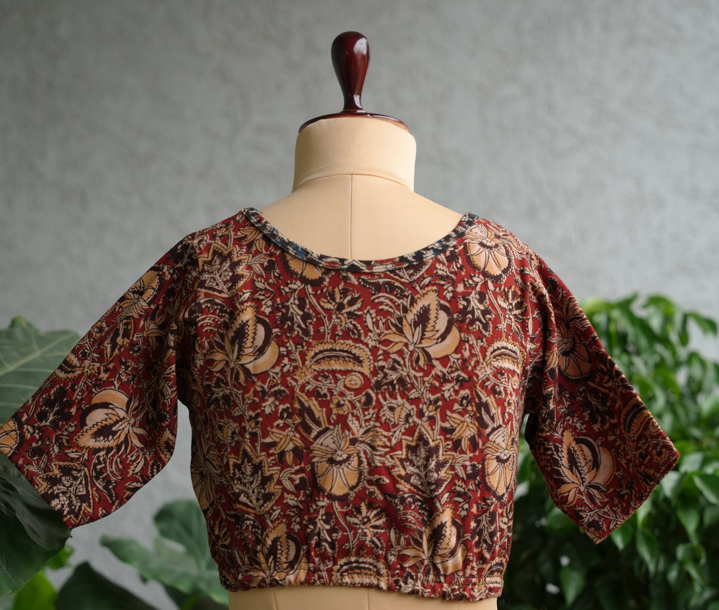 Red Round Neck Stretchable Hand block printed kalamkari blouse