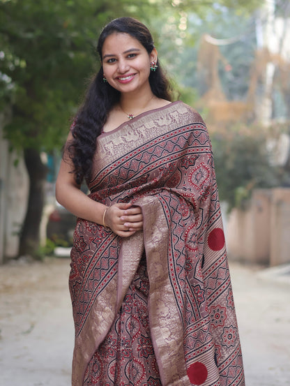 Traditional Badam Butta Ajrakh Handblock Printed Dola Silk Saree