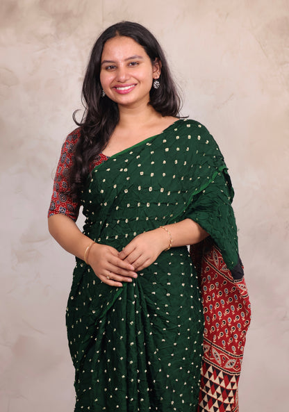 Bottle Green Hand Knotted Bandhej Modal Silk Saree with Ajrakh Pallu | Looms & Tassels