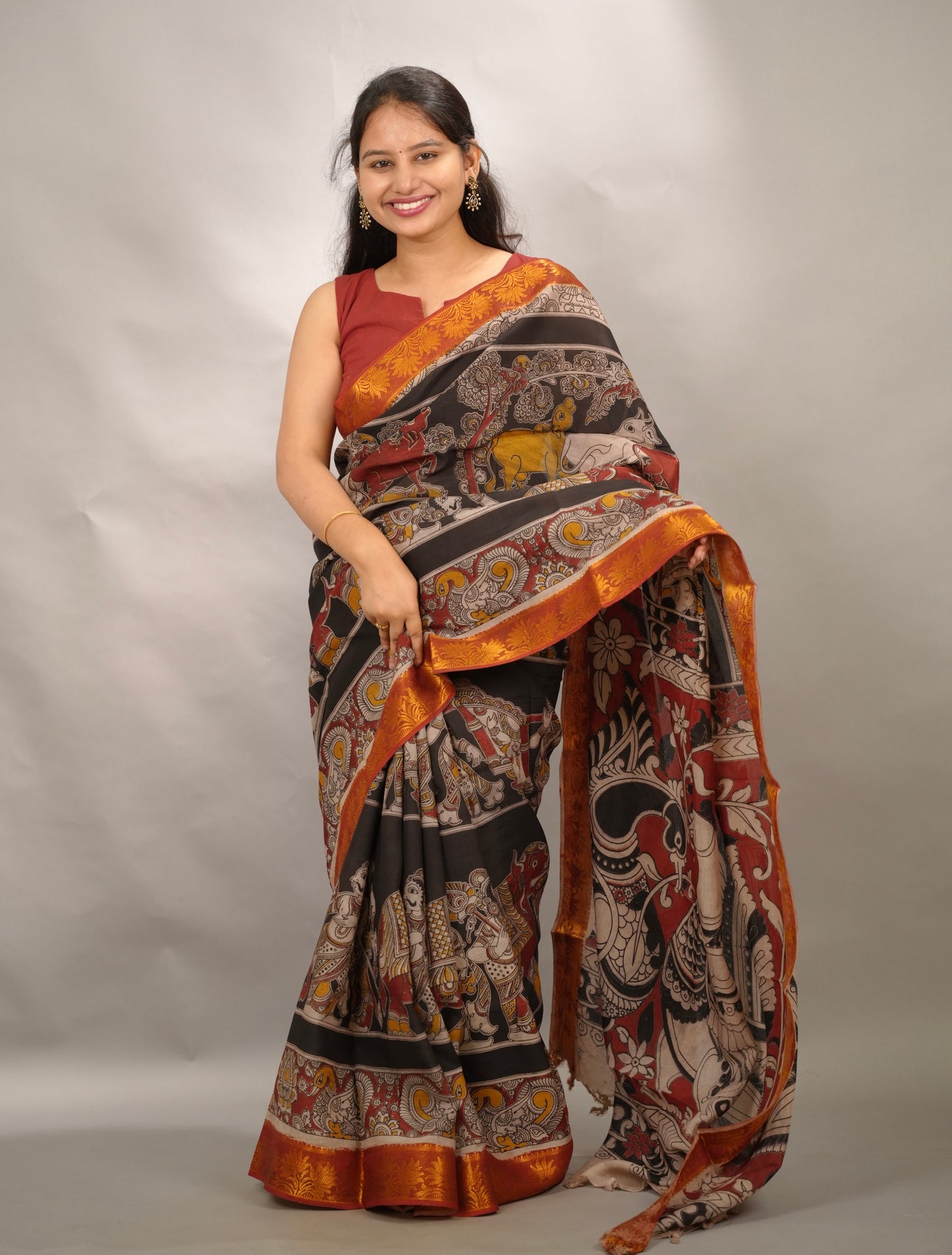Black Kanchi border Kalamkari chennur silk saree | Looms & Tassels