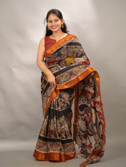 Black Kanchi border Kalamkari chennur silk saree | Looms & Tassels