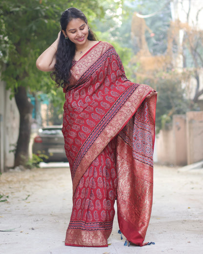 Maroon Butta Ajrakh Handblock Printed Dola Silk Saree