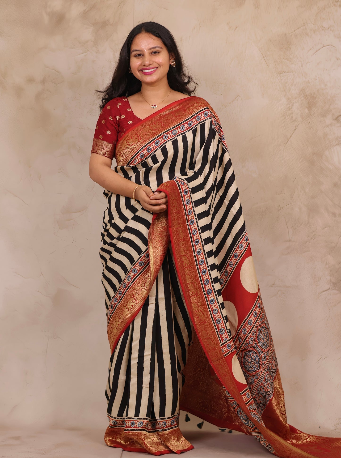 Stripes Contemporary Ajrakh Handblock printed Dola Silk Saree | Looms & Tassels