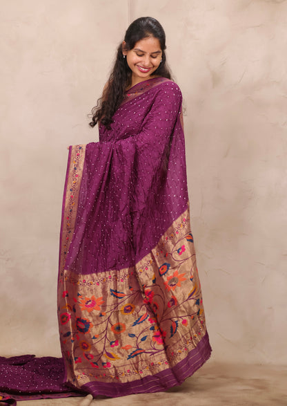 Magenta Handcrafted Bandhani Paithani Dola Silk Saree | Looms & Tassels