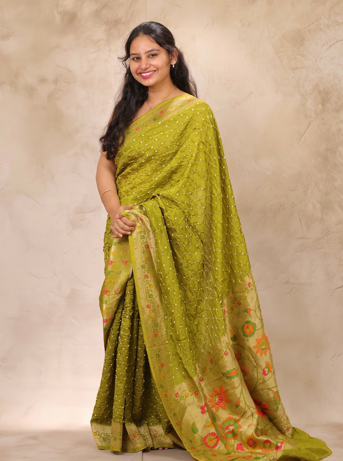 Olive Green Handcrafted Bandhani Paithani Dola Silk Saree | Looms & Tassels