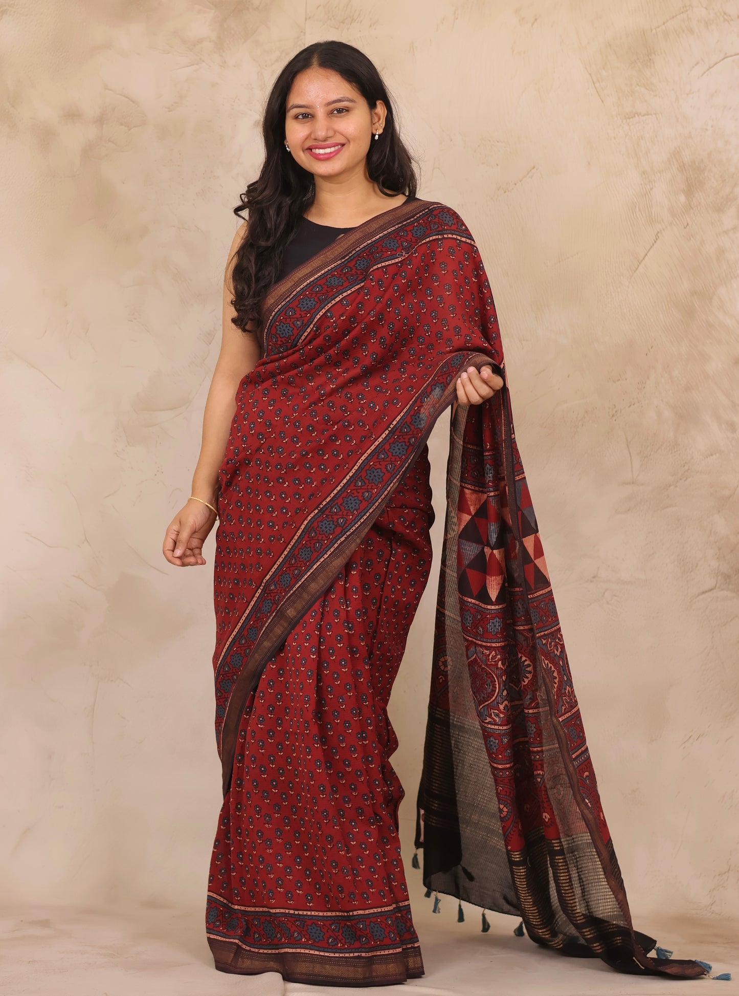 Maheswari Silk Cotton Ajrakh Handblock Printed Saree | Looms & Tassels