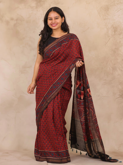 Maheswari Silk Cotton Ajrakh Handblock Printed Saree | Looms & Tassels