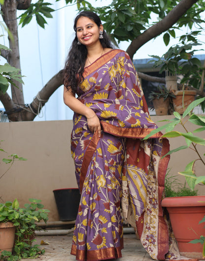 Purple Lotus & Pichwai Kalamkari Silk Handcrafted Nizam Border Saree