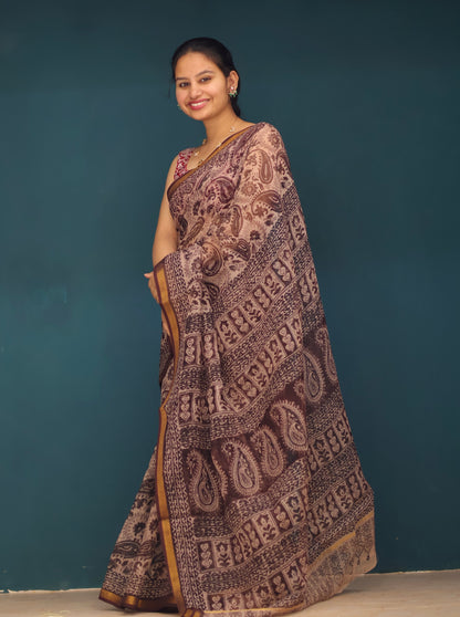 Cream Kalamkari Hand block printed Kota Doria Saree