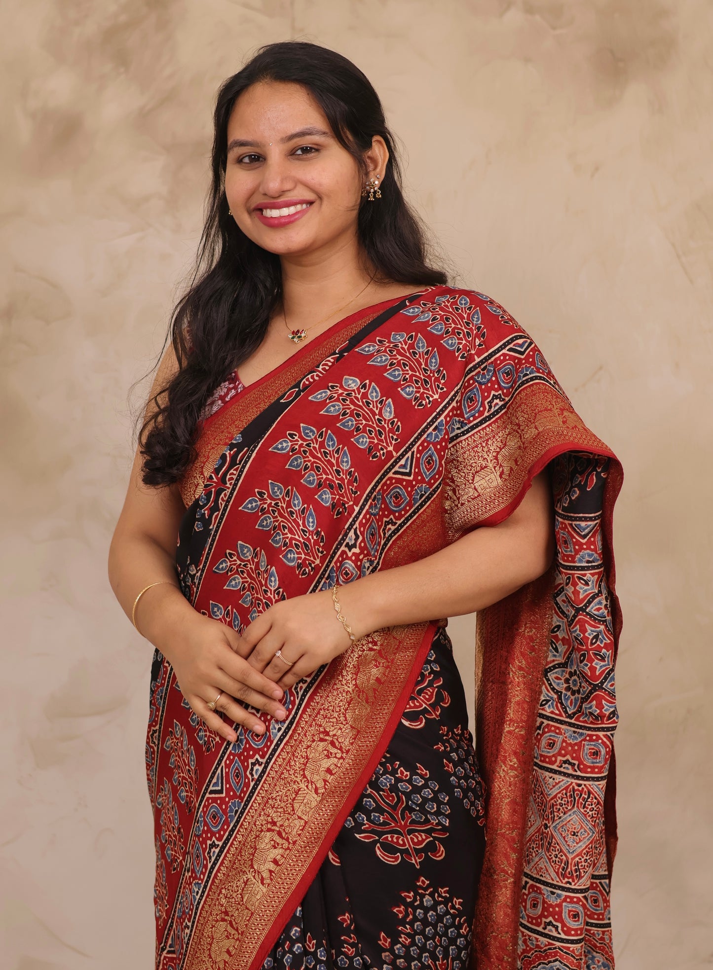 Black & Red Ajrakh Handblock printed Dola Silk Saree | Looms & Tassels