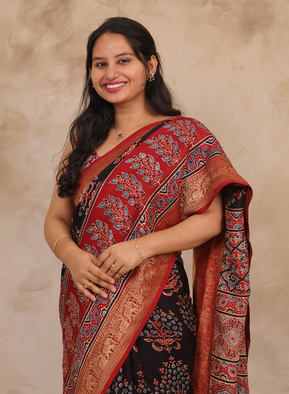 Black & Red Ajrakh Handblock printed Dola Silk Saree | Looms & Tassels