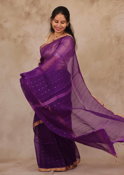 Purple Handwoven Muslin Silk Saree With Sequence Work | Looms & Tassels