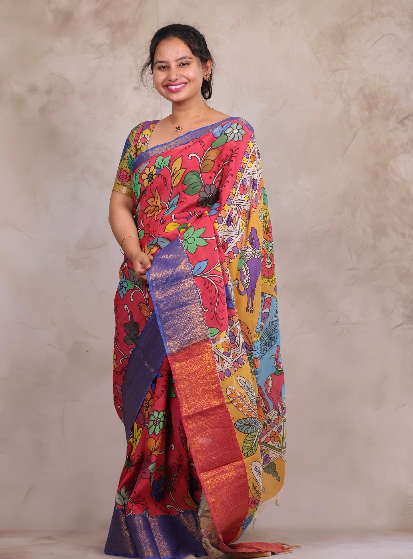 Hand Drawn Pen Kalamkari Pink And Blue Bangalore Silk Kanchi Border Saree | Looms & Tassels