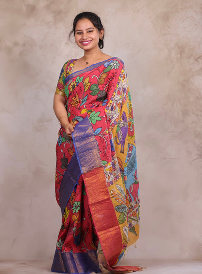 Hand Drawn Pen Kalamkari Pink And Blue Bangalore Silk Kanchi Border Saree | Looms & Tassels