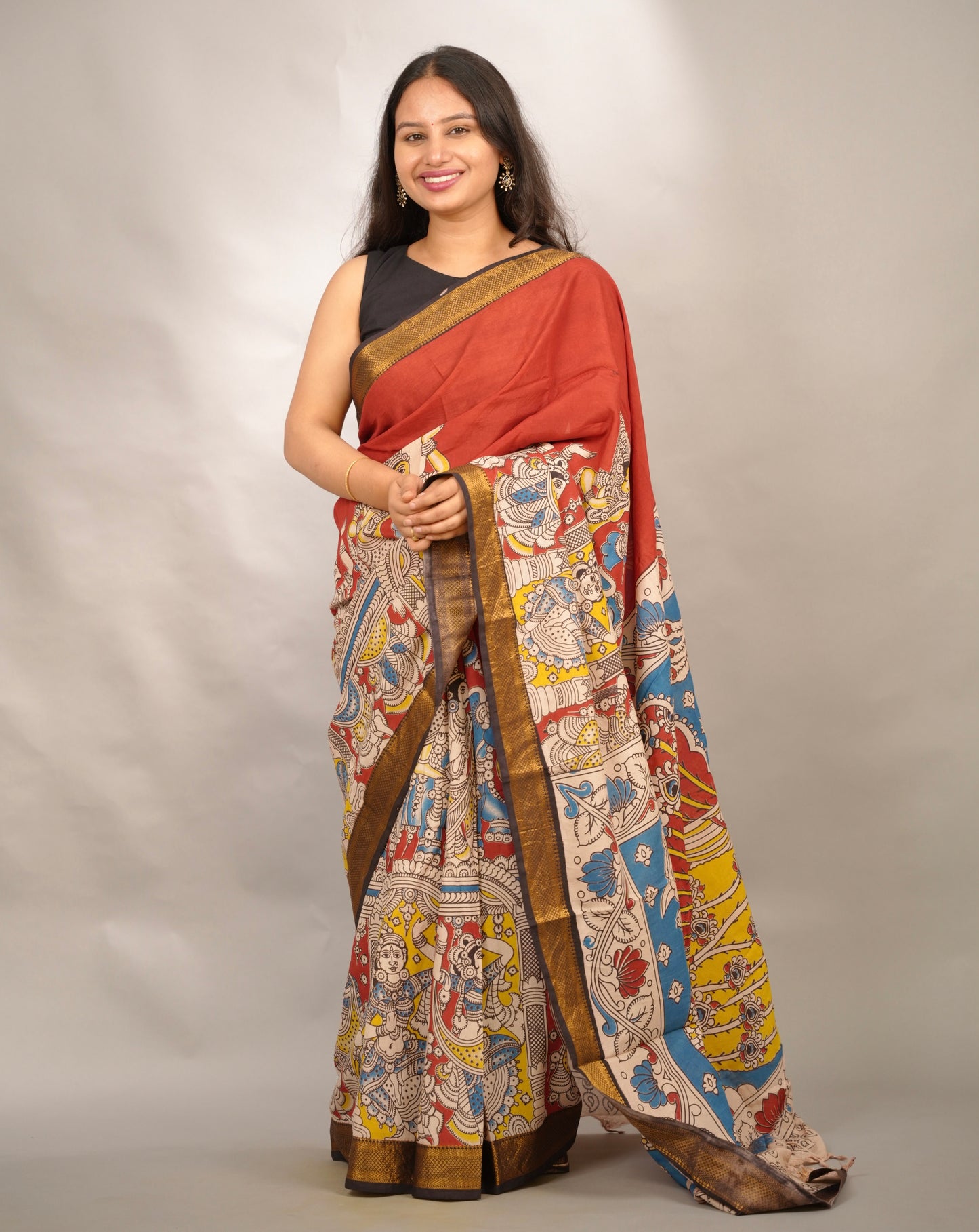 Maroon Kalamkari Nizam Border Chennur Silk Saree | Looms & Tassels