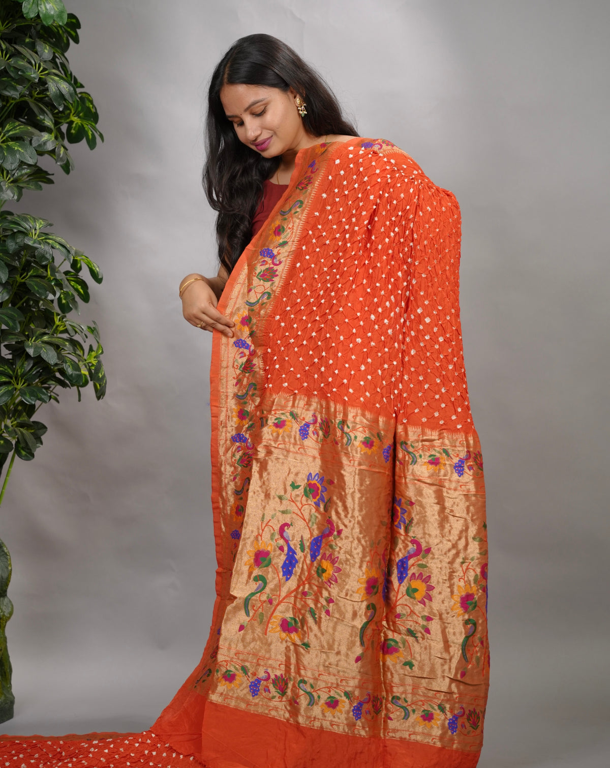 Orange Handcrafted Bandhani Paithani Dola Silk Saree | Looms & Tassels
