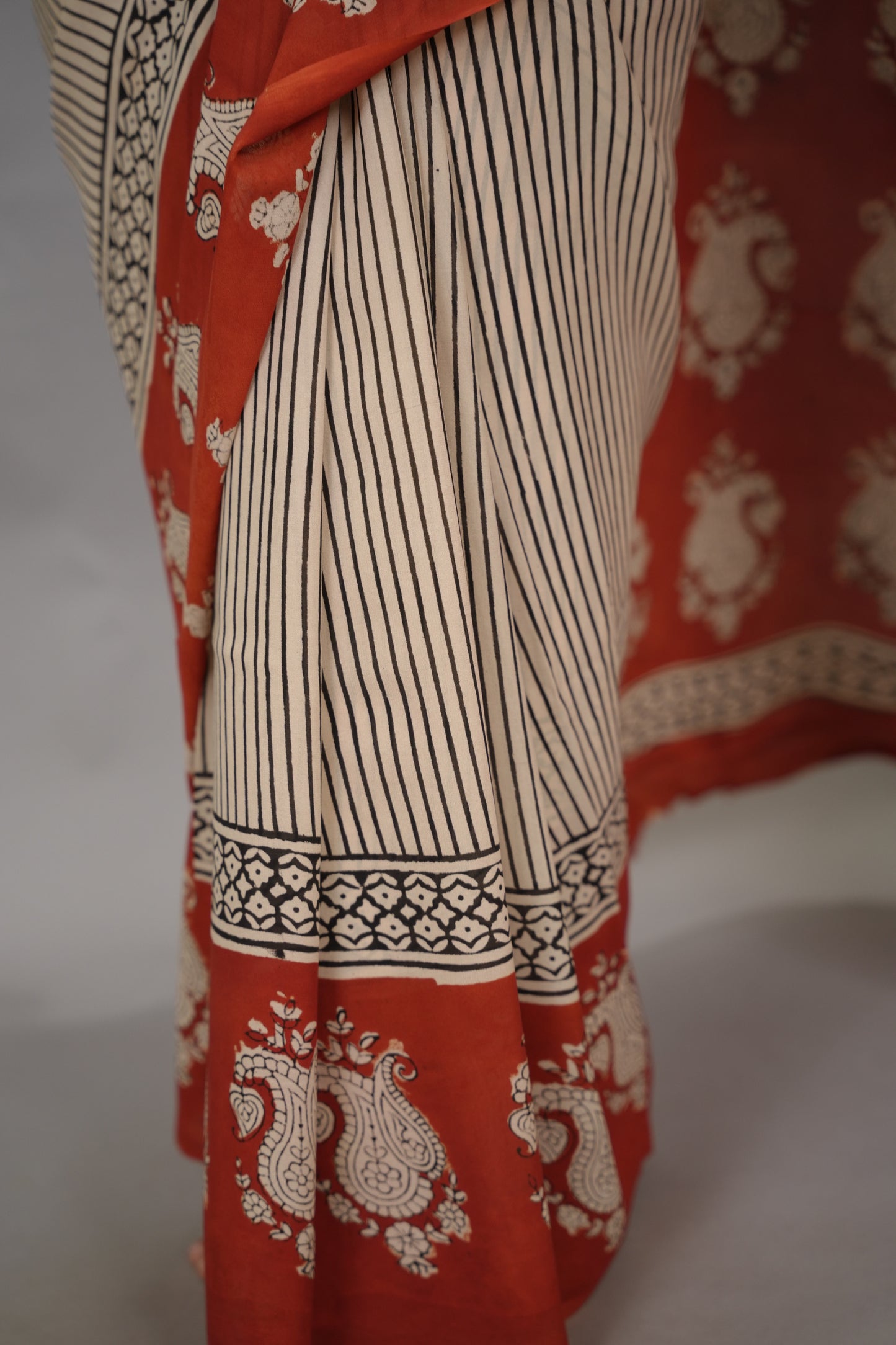Stripes Contemporary Georgette Hand Block Printed Saree| Looms & Tassels