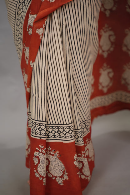 Stripes Contemporary Georgette Hand Block Printed Saree| Looms & Tassels