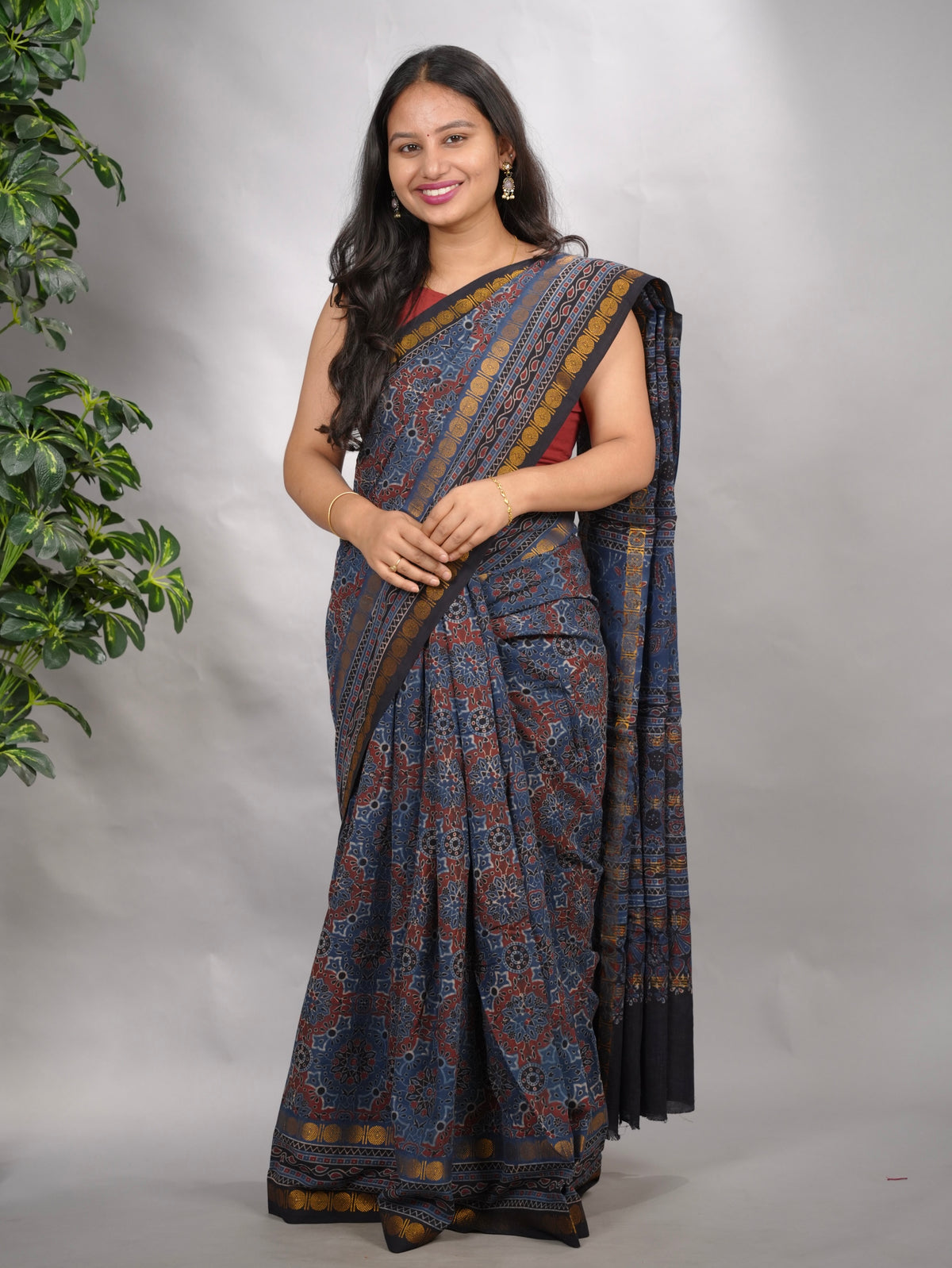 Indigo Ajrakh Hand Block Printed Sungudi Cotton Saree | Looms & Tassels