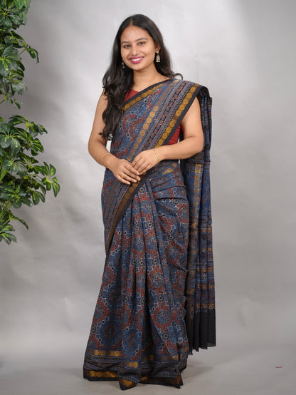 Indigo Ajrakh Hand Block Printed Sungudi Cotton Saree | Looms & Tassels