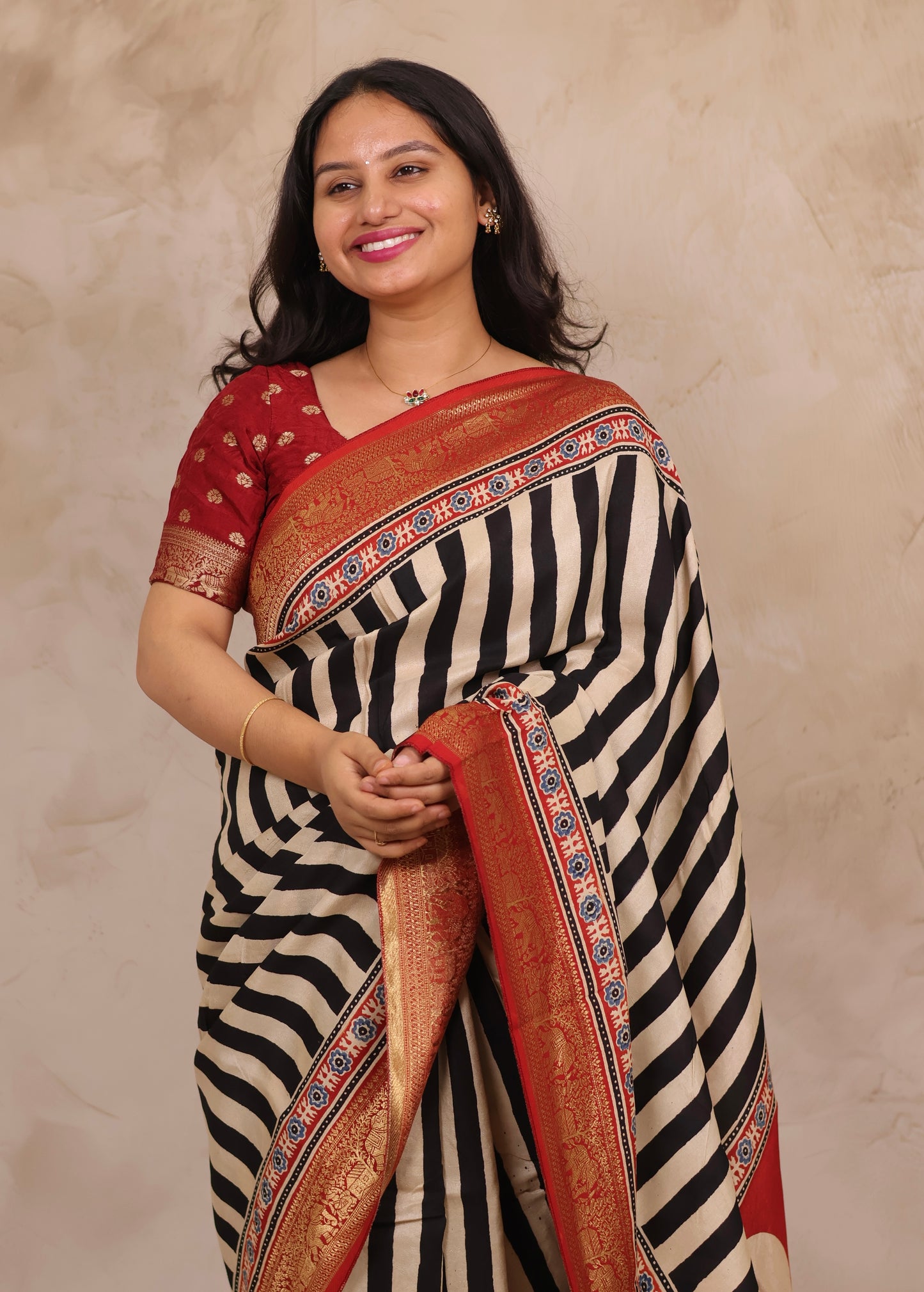 Stripes Contemporary Ajrakh Handblock printed Dola Silk Saree | Looms & Tassels