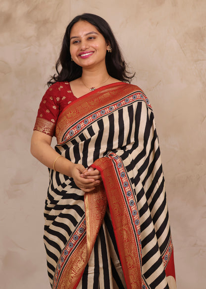 Stripes Contemporary Ajrakh Handblock printed Dola Silk Saree | Looms & Tassels