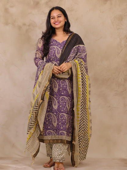 Lavender Handblock printed Pure Maheswari Silk 3 piece suit (stitched)