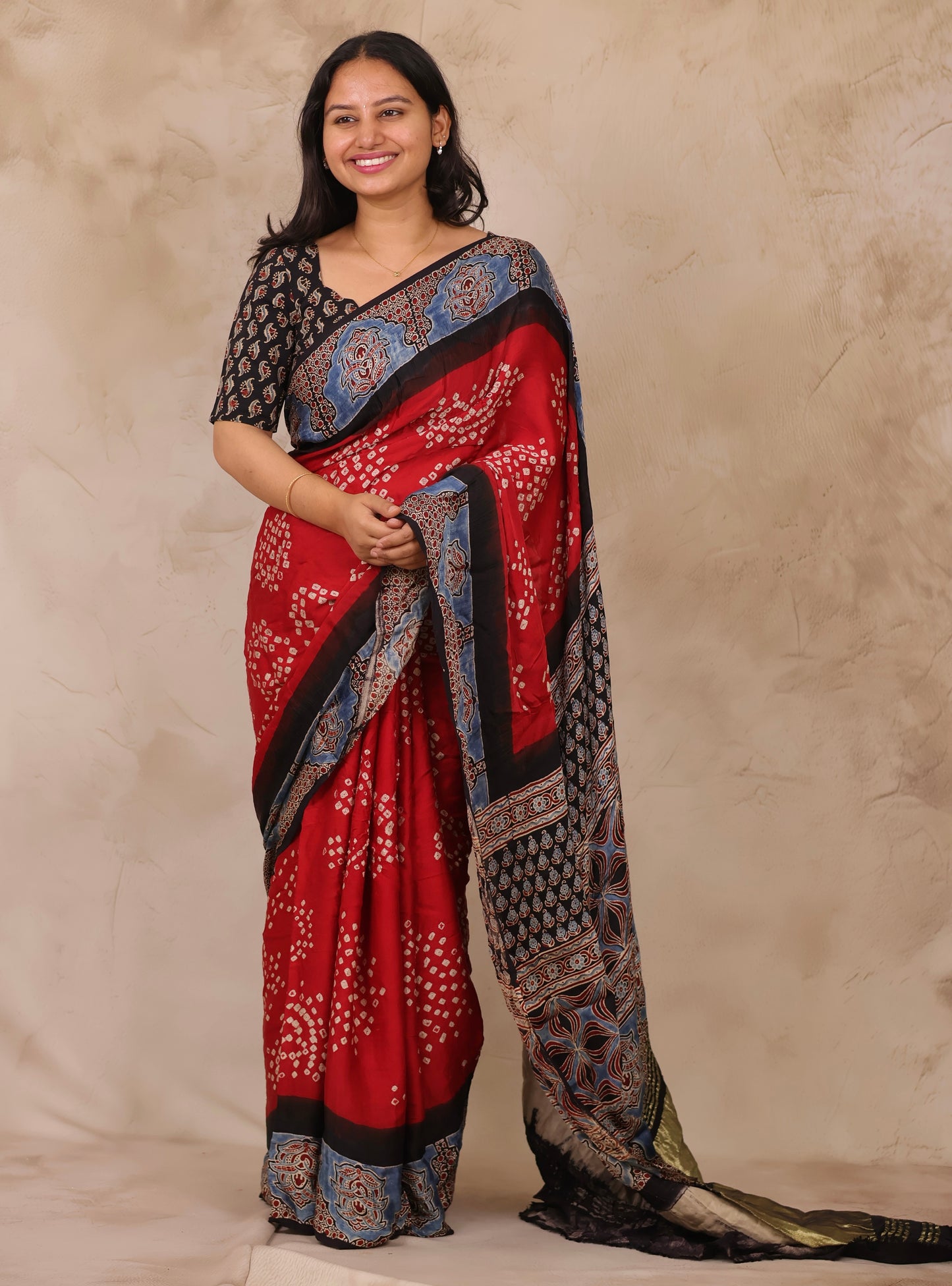 Red Hand Knotted Bandhej Arakh Modal Silk Saree with Lagdi Pallu | Looms & Tassels