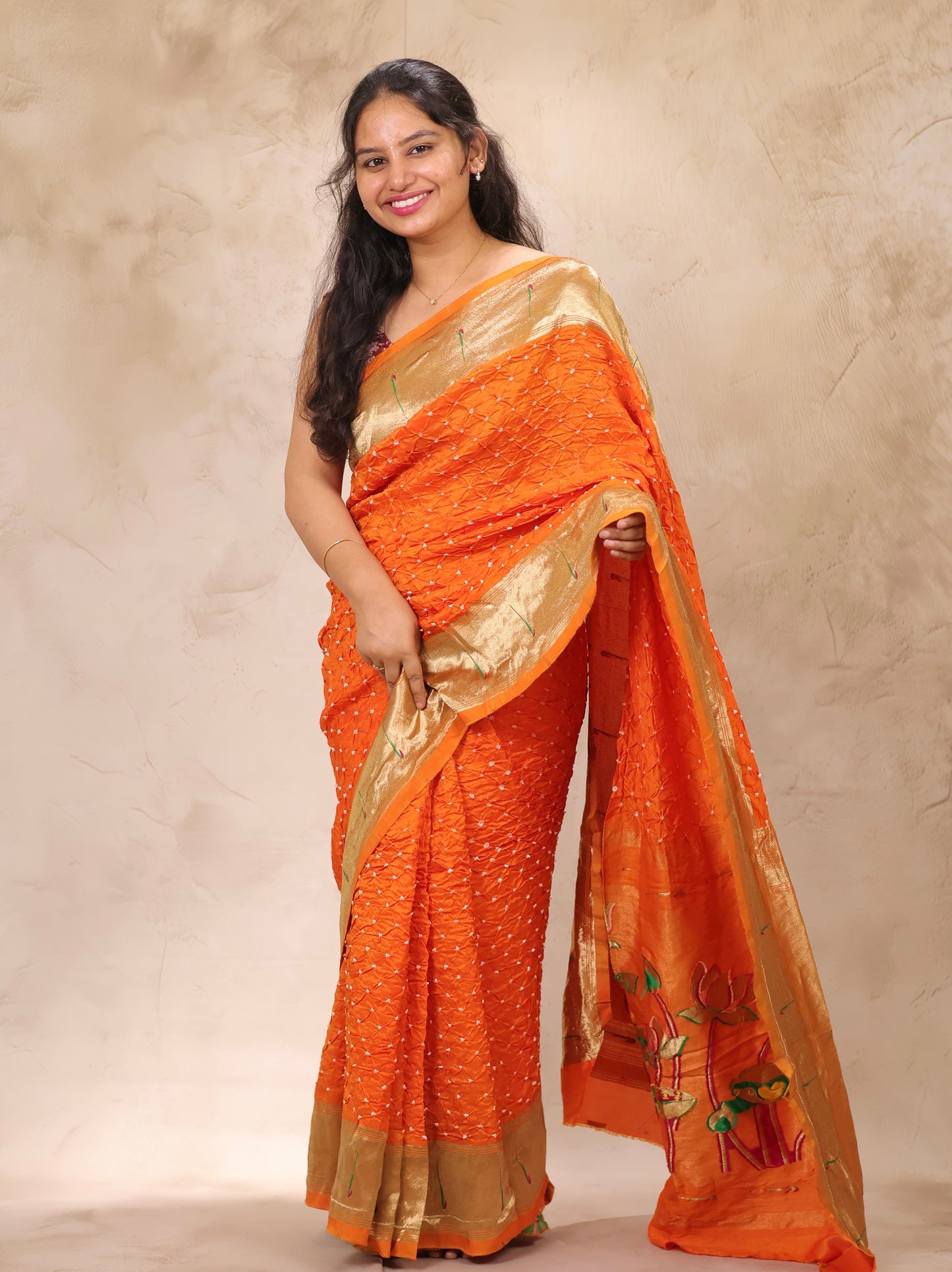 Orange Handcrafted Bandhani Paithani Dola Silk Saree | Looms & Tassels