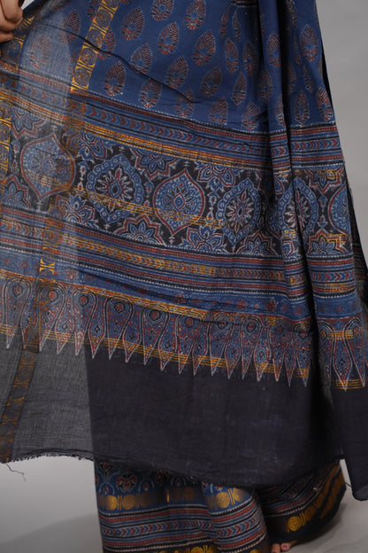 Indigo Ajrakh Hand Block Printed Sungudi Cotton Saree | Looms & Tassels
