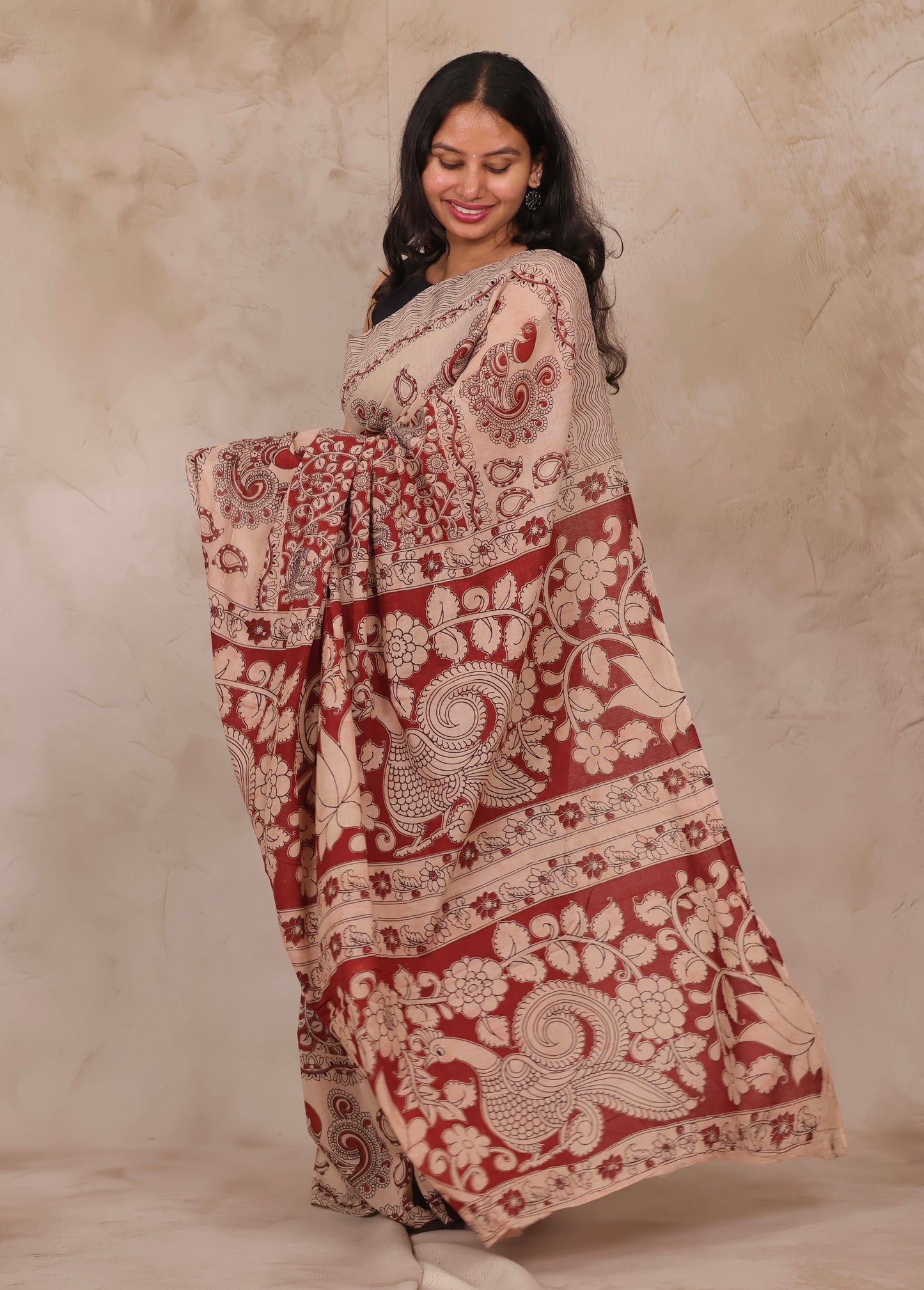 Cream Kalamkari Cotton Saree