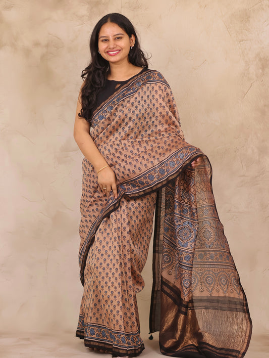 Chanderi Silk Cotton Ajrakh Handblock Printed Saree | Looms & Tassels