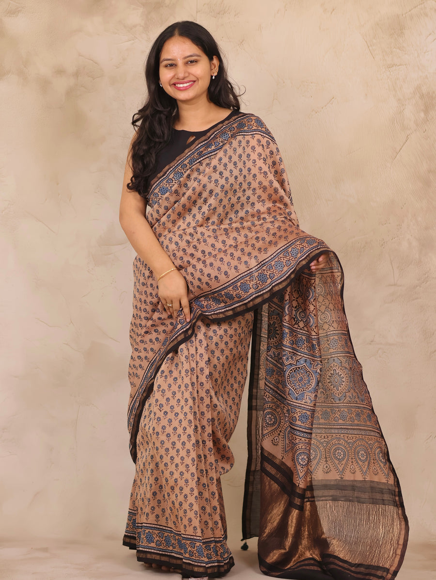 Chanderi Silk Cotton Ajrakh Handblock Printed Saree | Looms & Tassels